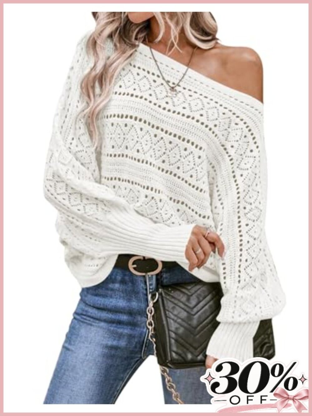 Off Shoulder Oversized Knit Sweater Batwing Sleeve Crochet Pullover